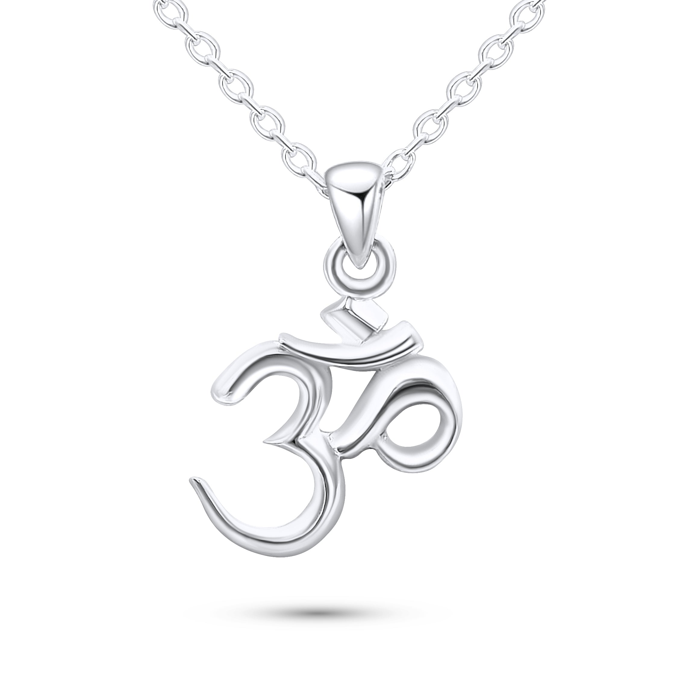 A silver-colored om pendant necklace against a white background.