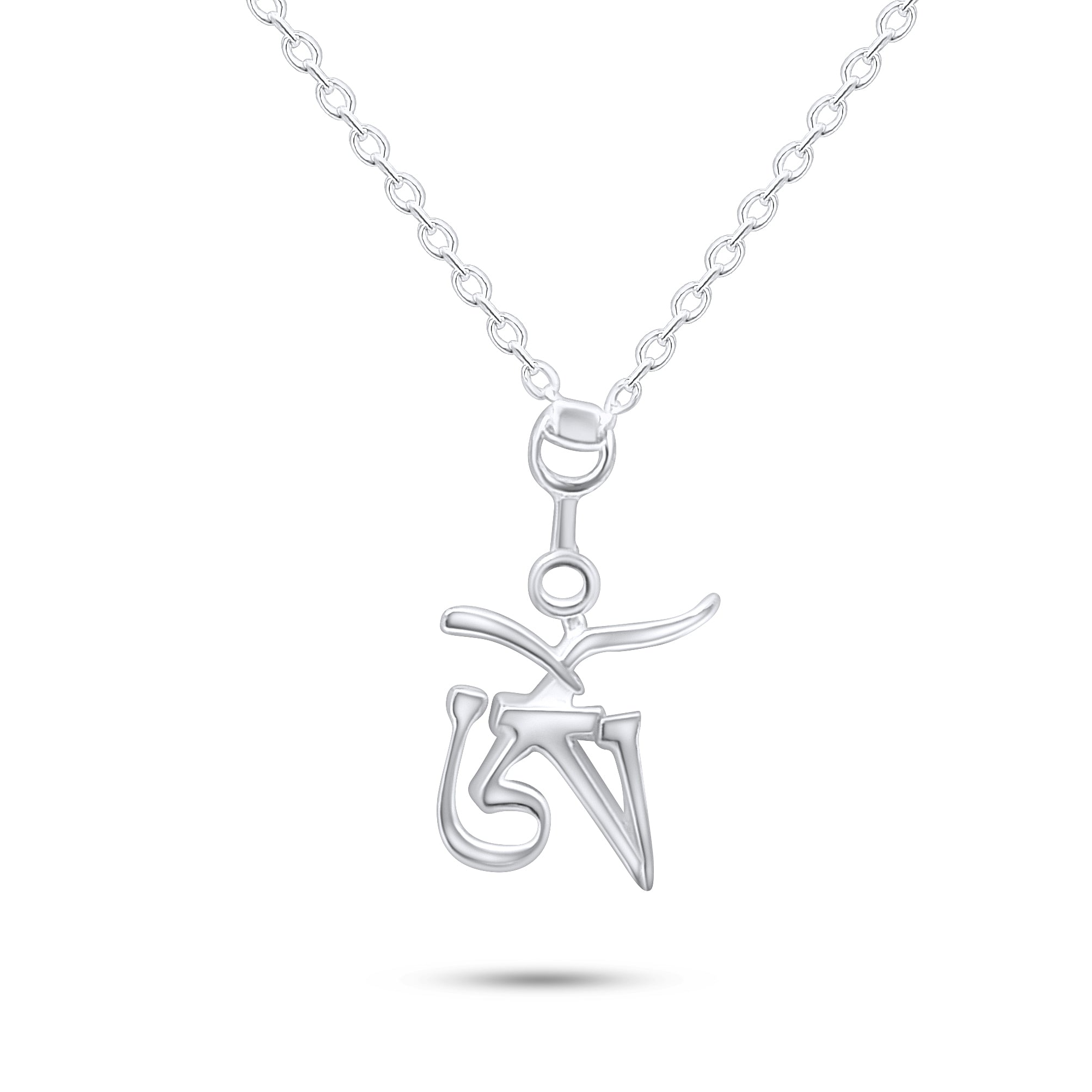 A silver tibetan om pendant on a white background