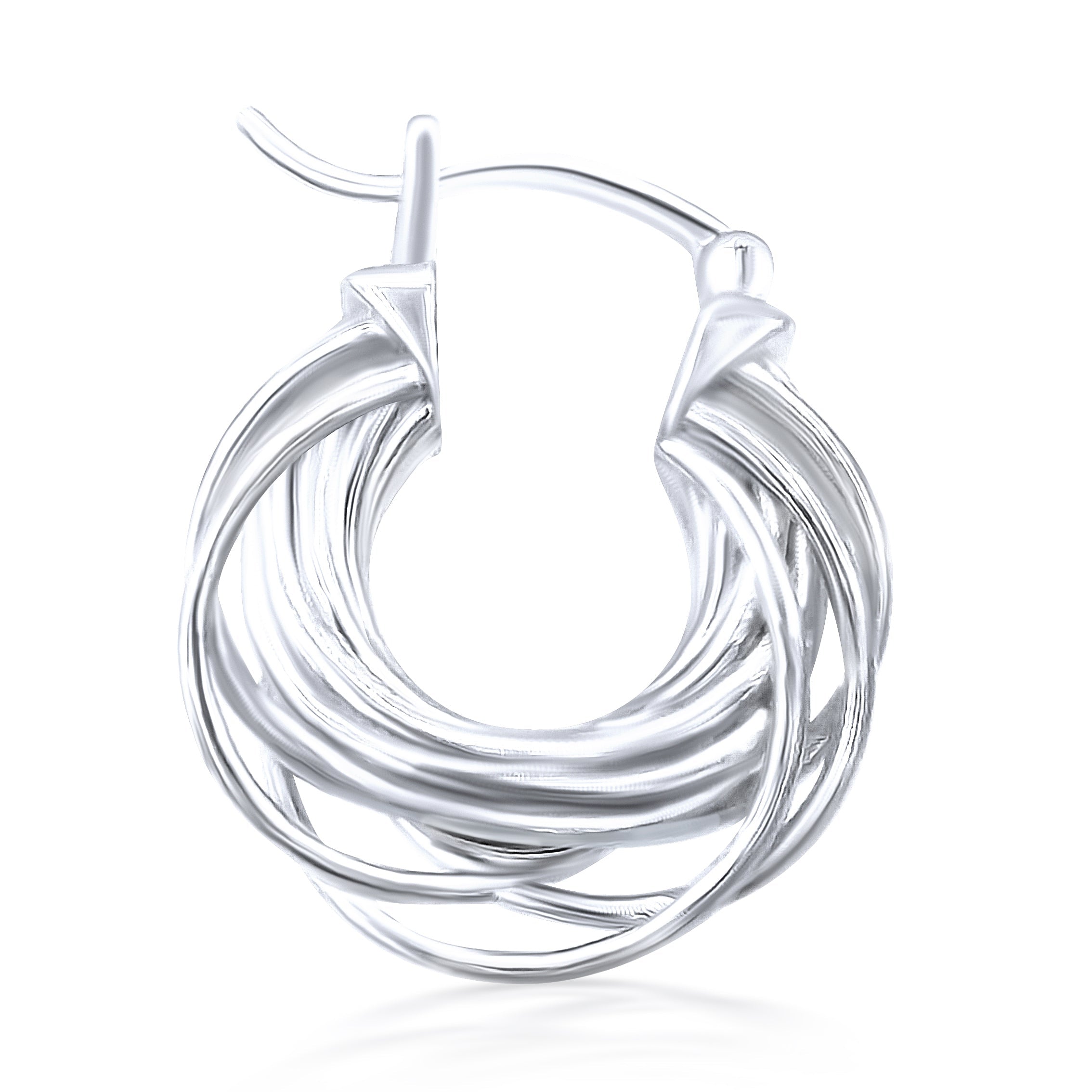 close up of silver orbit hoop earrings from side floating on white background
