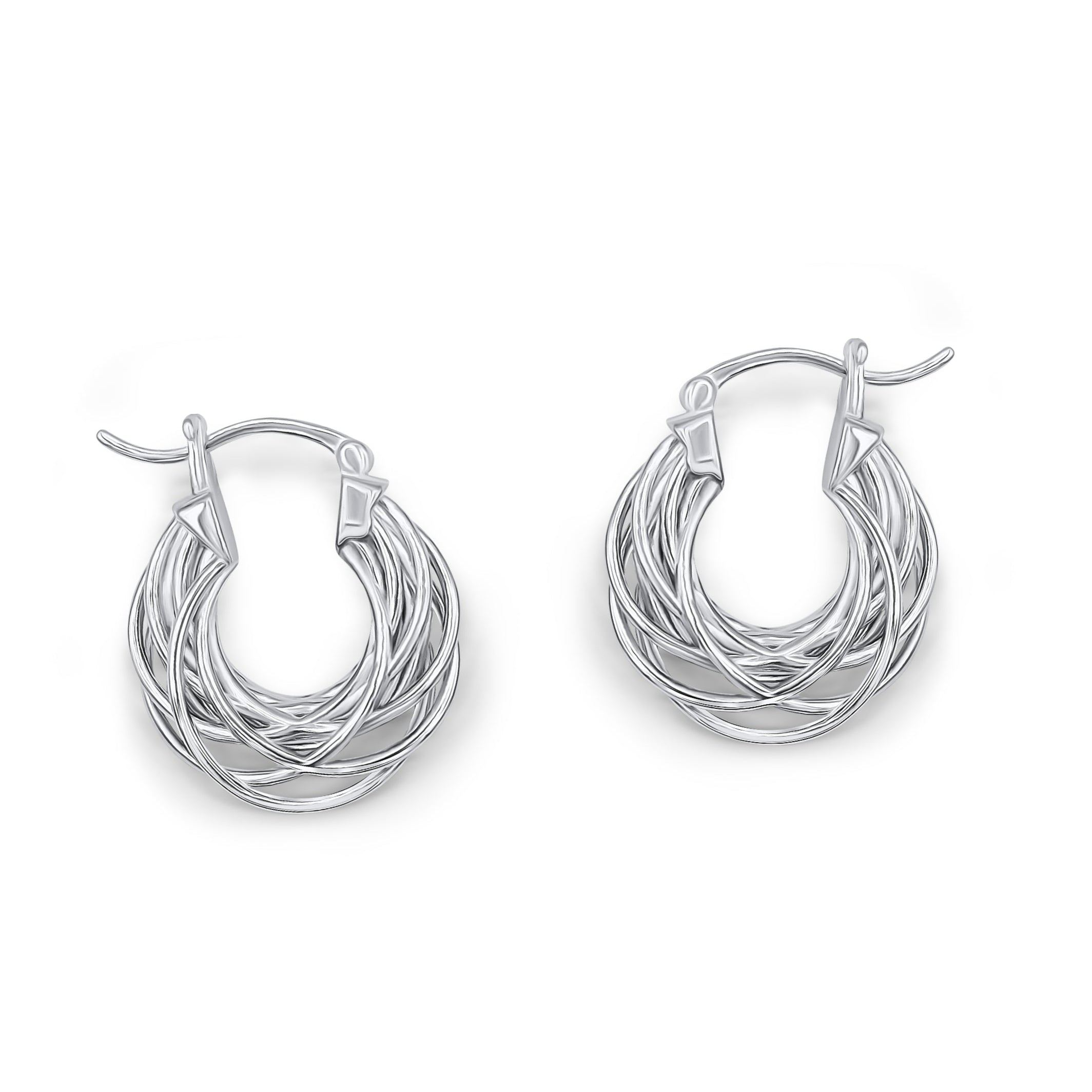 pair of silver orbit hoop earrings lying flat on white background