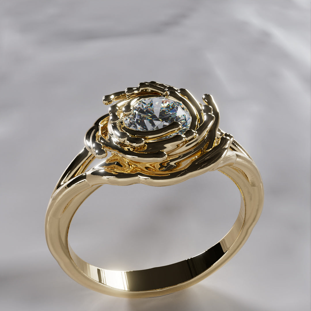 Andromeda Engagement Ring, a gold solitaire with a swirling galaxy-inspired setting, by Baroque++