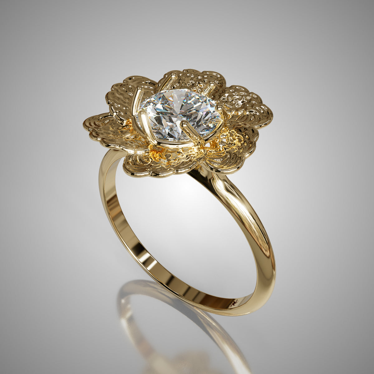 Anemone Engagement Ring, a flower-inspired solitaire, three-quarter view, by Baroque++