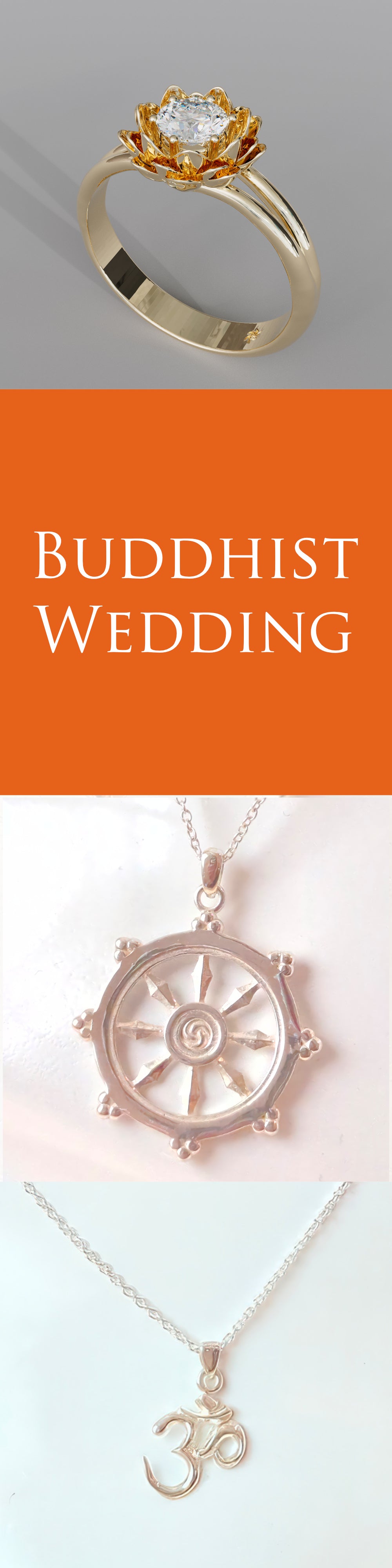 Gold ring and necklace with Buddhist symbols on a white background