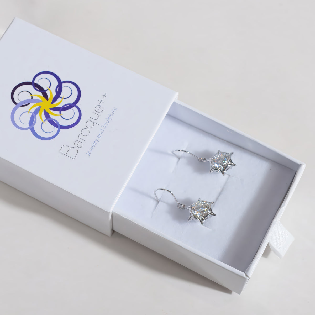 Silver Hexaster star earrings in a Baroque++ jewelry box