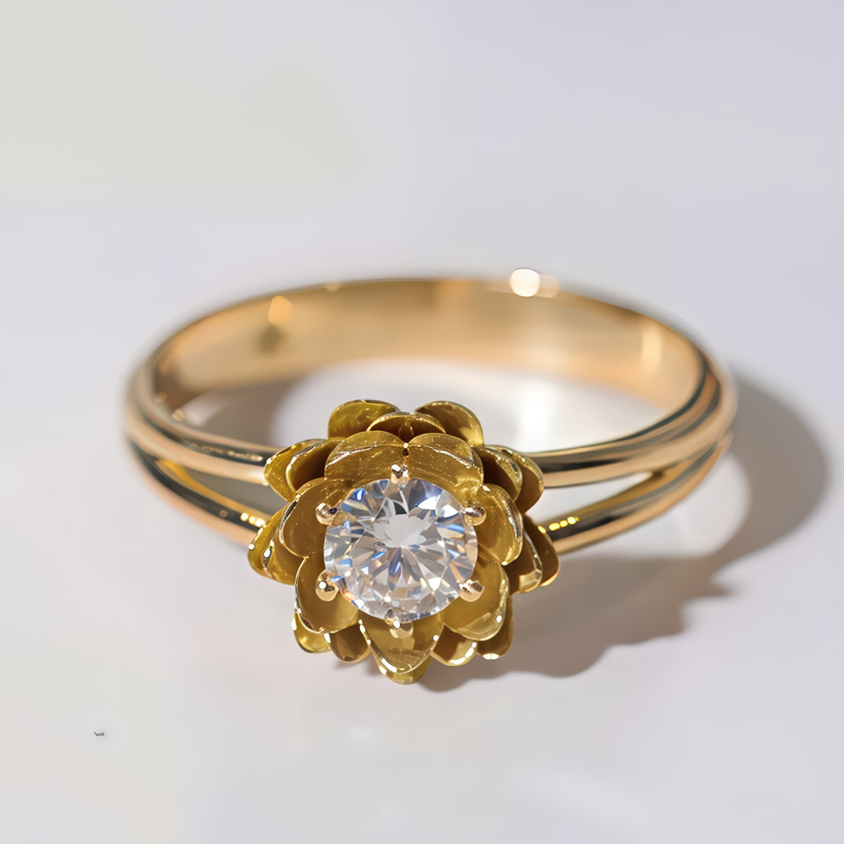 Gold Lotus Engagement Ring with a solitaire center stone on a white background