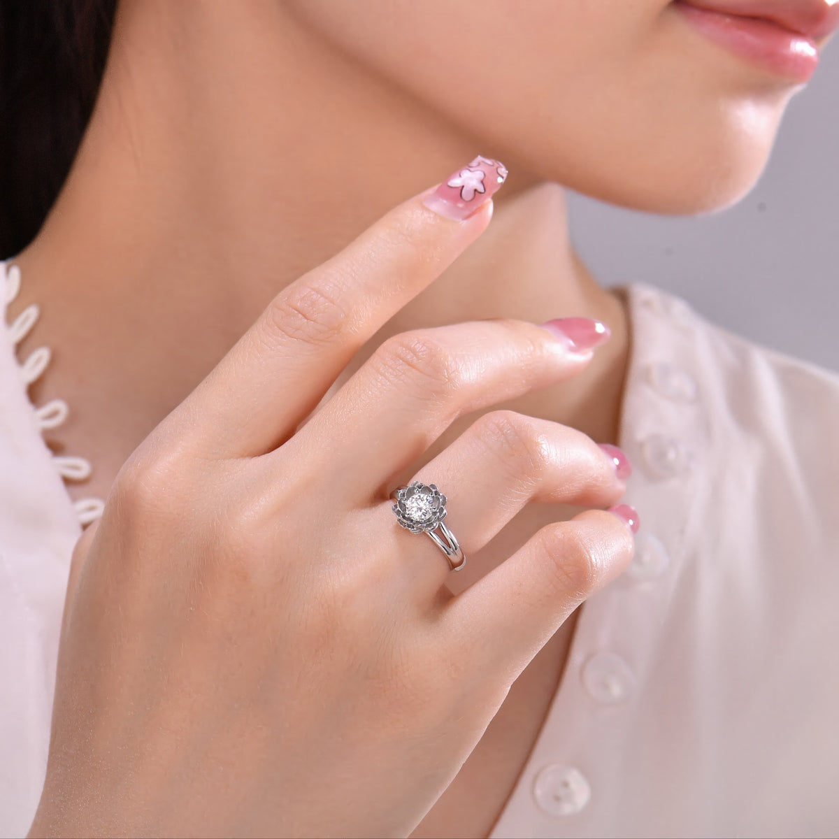 Lotus flower solitaire engagement ring in platinum