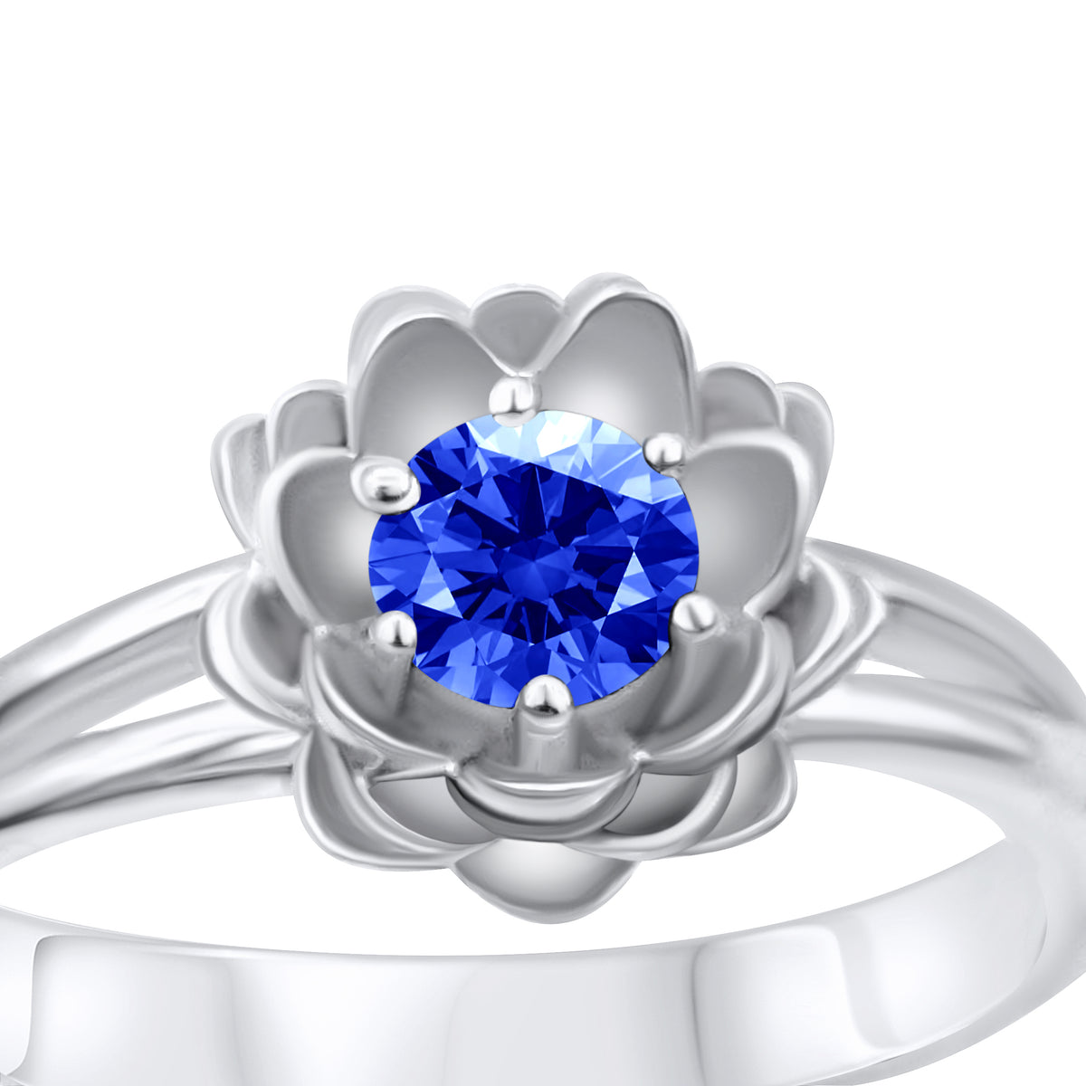 Platinum Lotus solitaire ring with the center stone framed by lotus petals