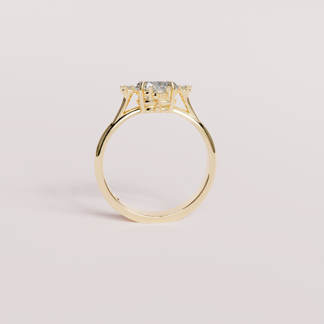 Mandelbrot gold diamond ring, front view showing the cathedral shoulders and basket