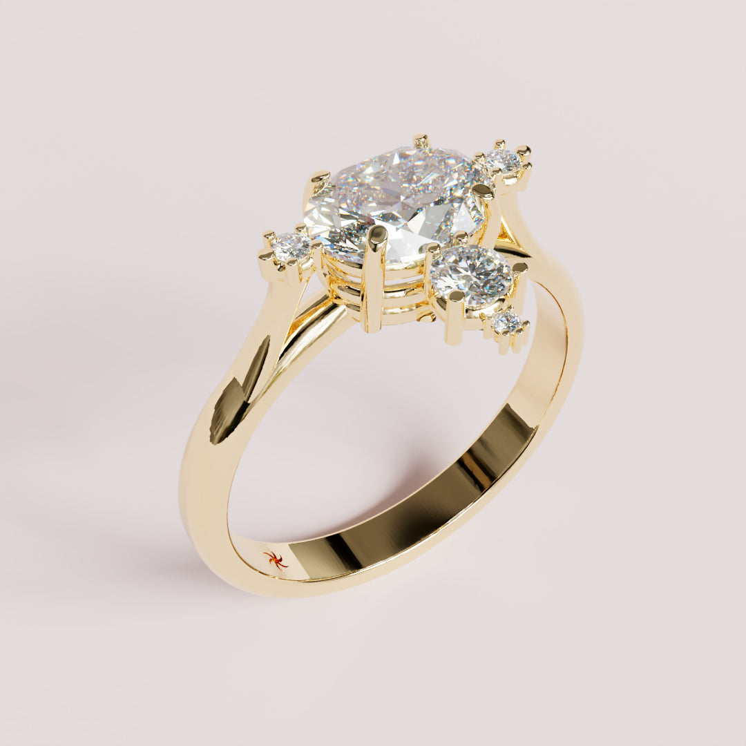 Mandelbrot Engagement Ring in gold with an oval center diamond and side diamonds, three-quarter view