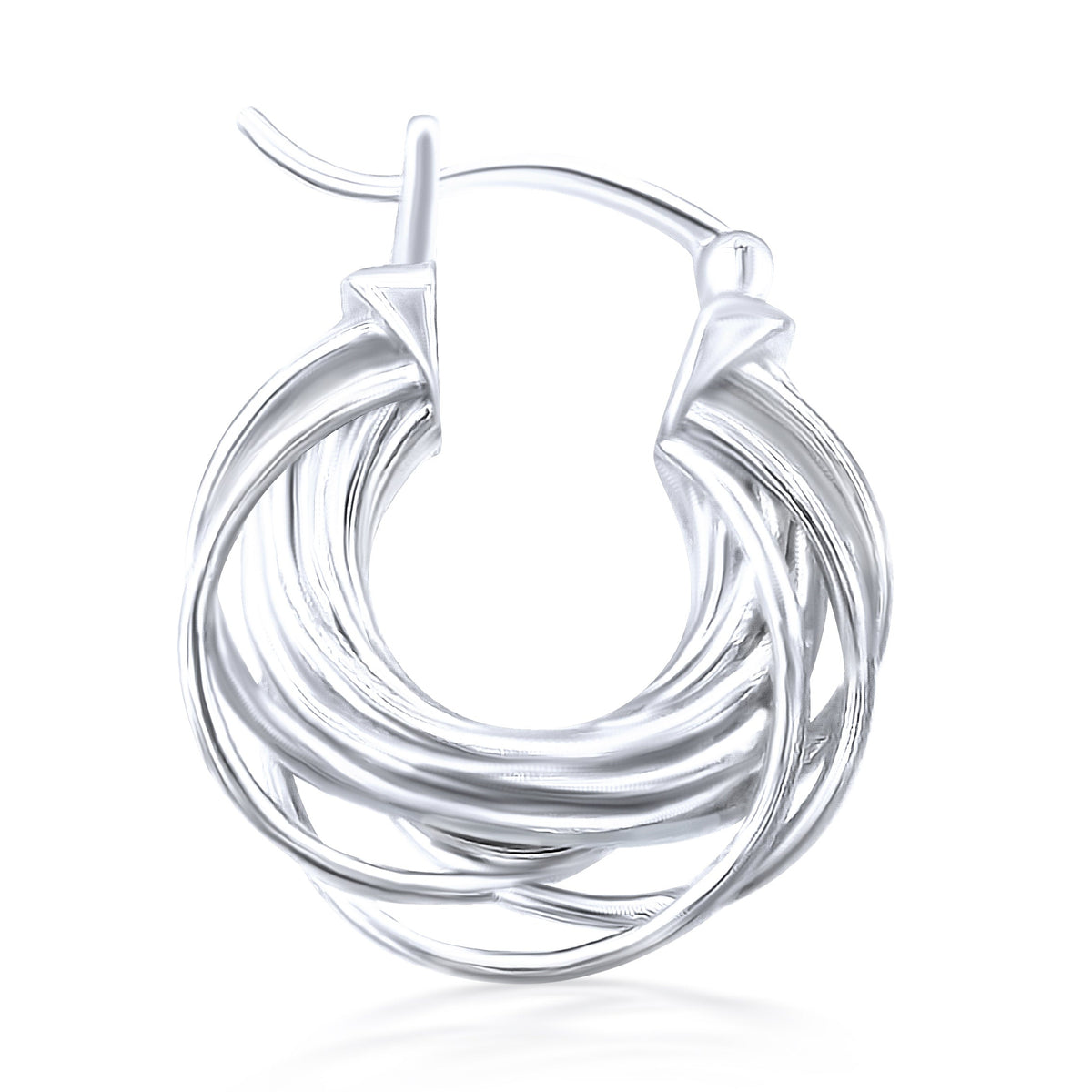 Silver Orbit hoop earrings, side view on white