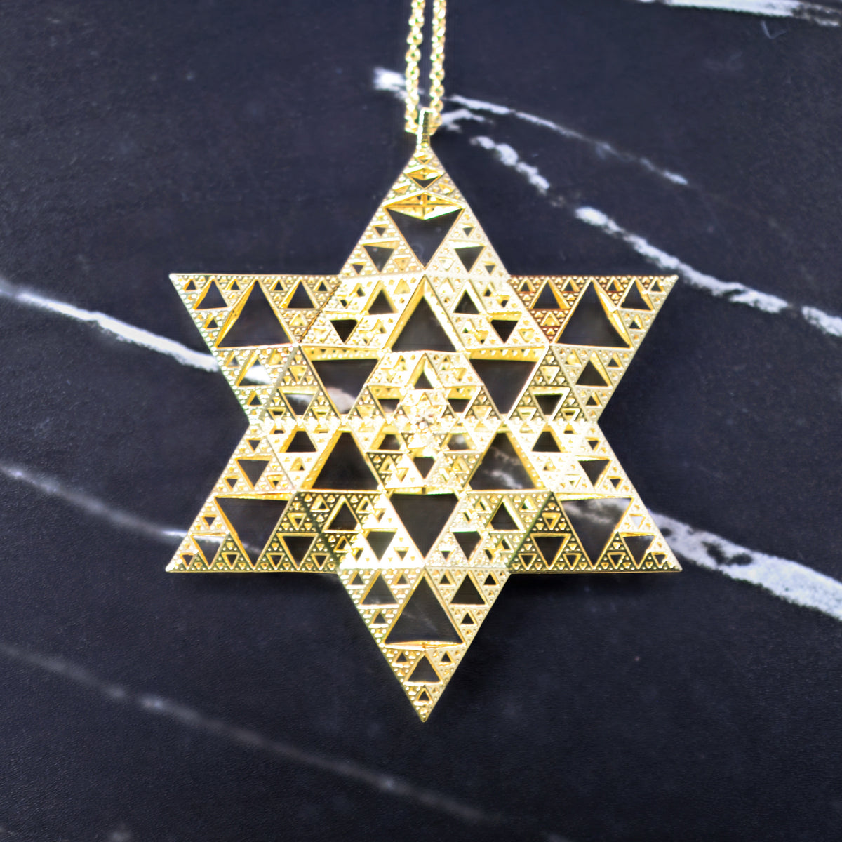 Sierpinski Star of David Ornament in gold-plated brass, a fractal Hanukkah ornament, by Baroque++