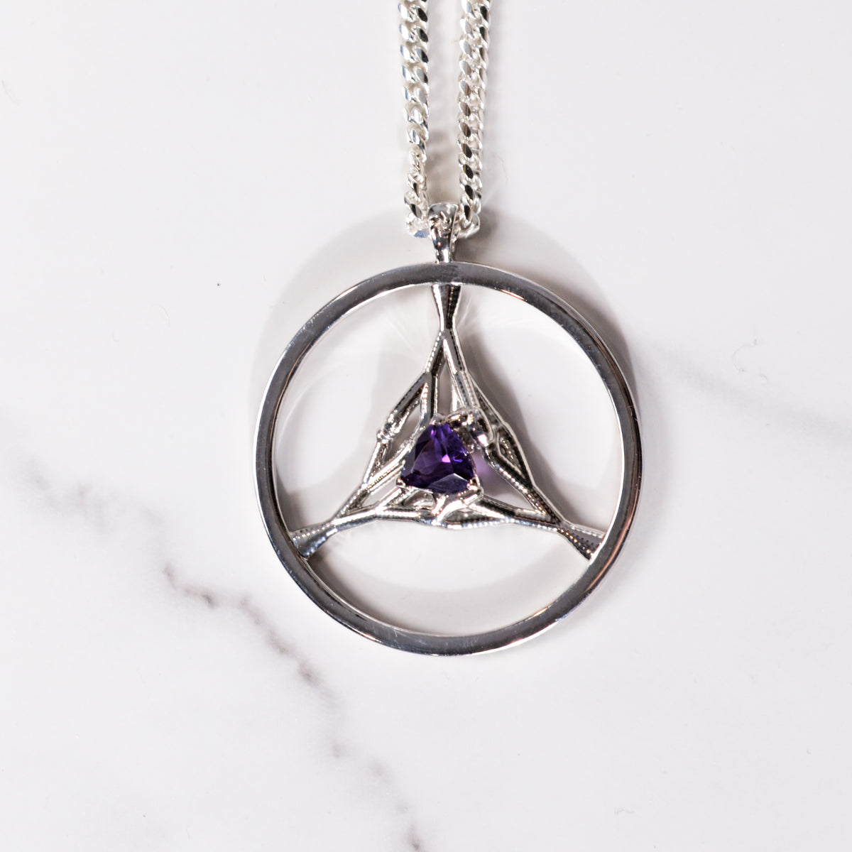 Trillium Amethyst Pendant, an organic three-way pendant with a trillion-cut amethyst, by Baroque++