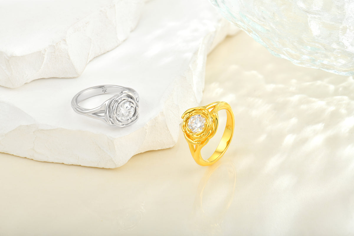 Gold Andromeda engagement ring with a vortex swirl setting, alternate view