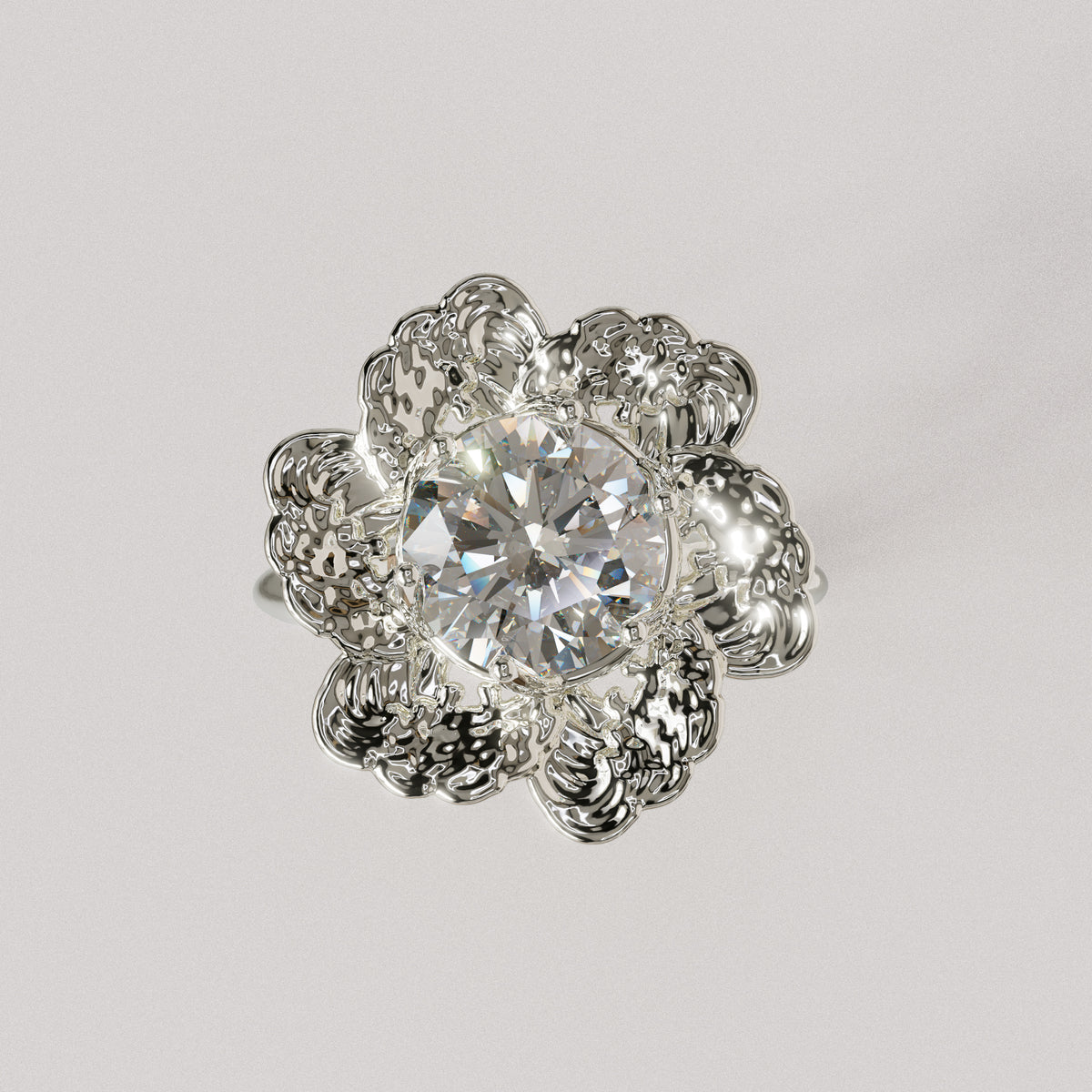 Platinum Anemone flower ring with a diamond, top view