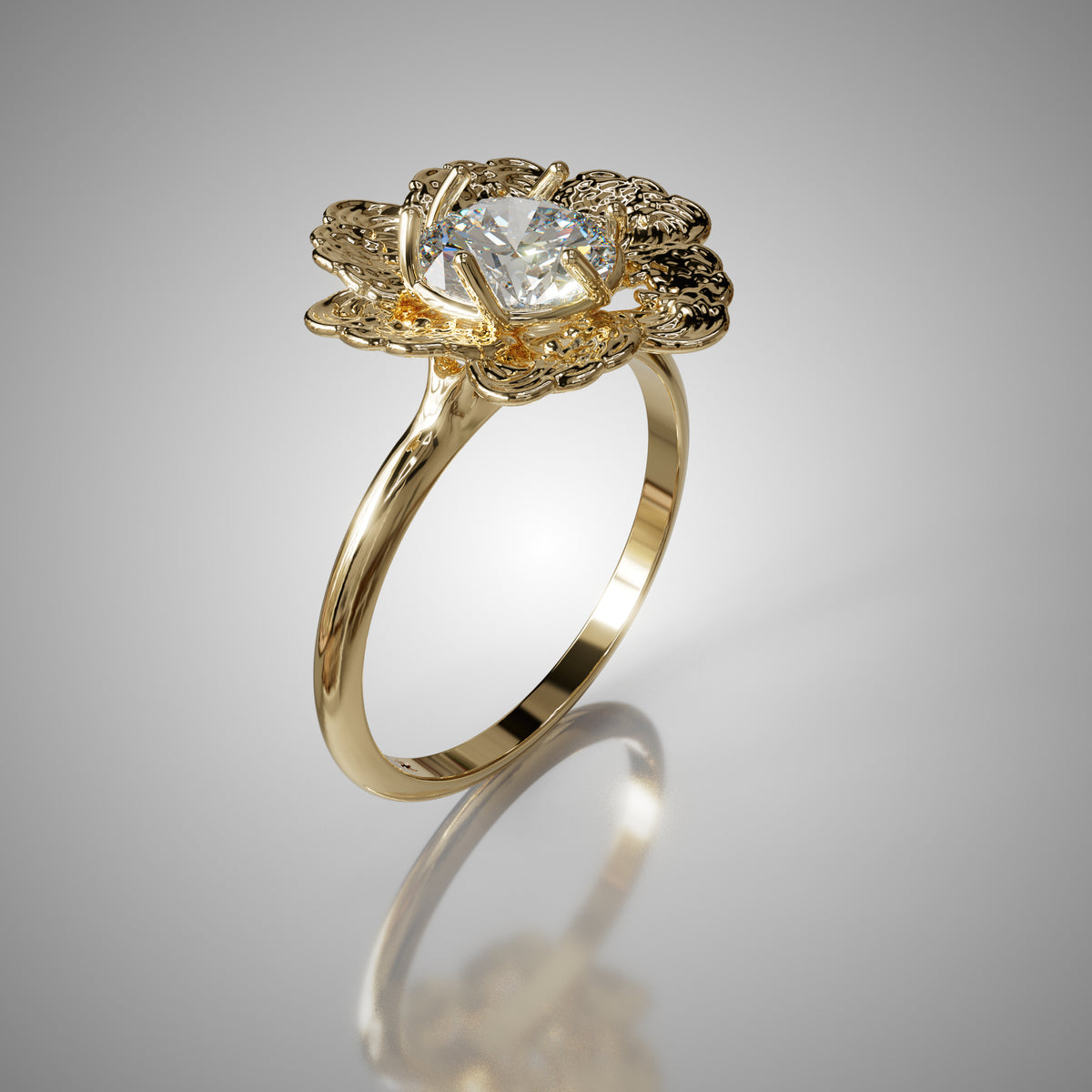 Anemone floral solitaire engagement ring, second three-quarter view
