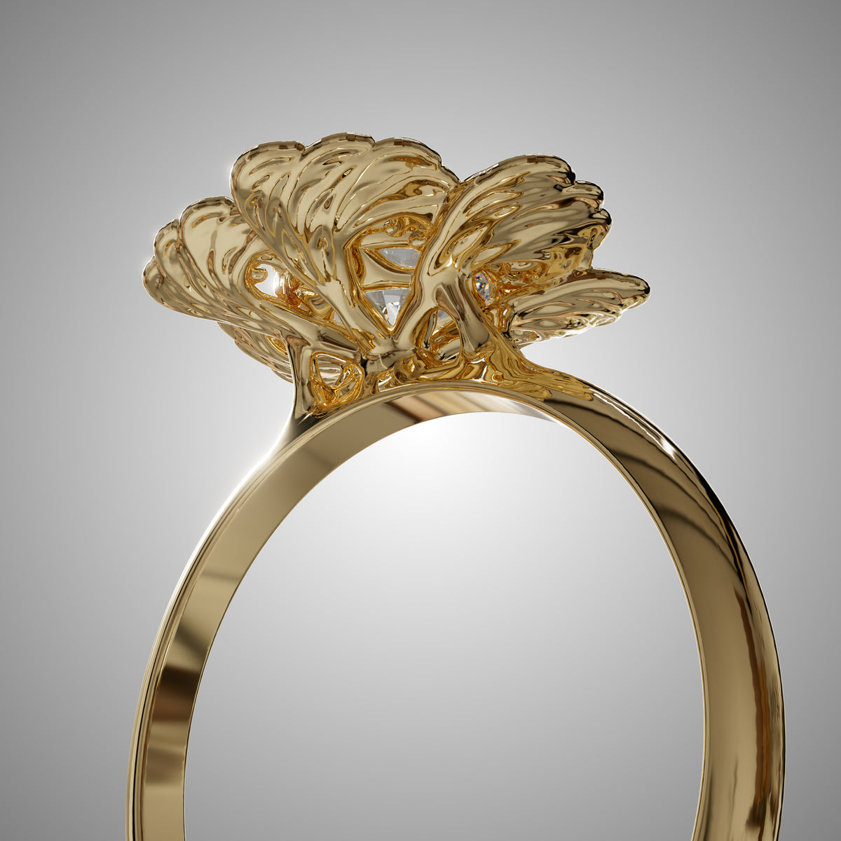 Underside of the Anemone flower engagement ring