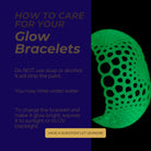 Glow bracelet with care instructions on a blue background