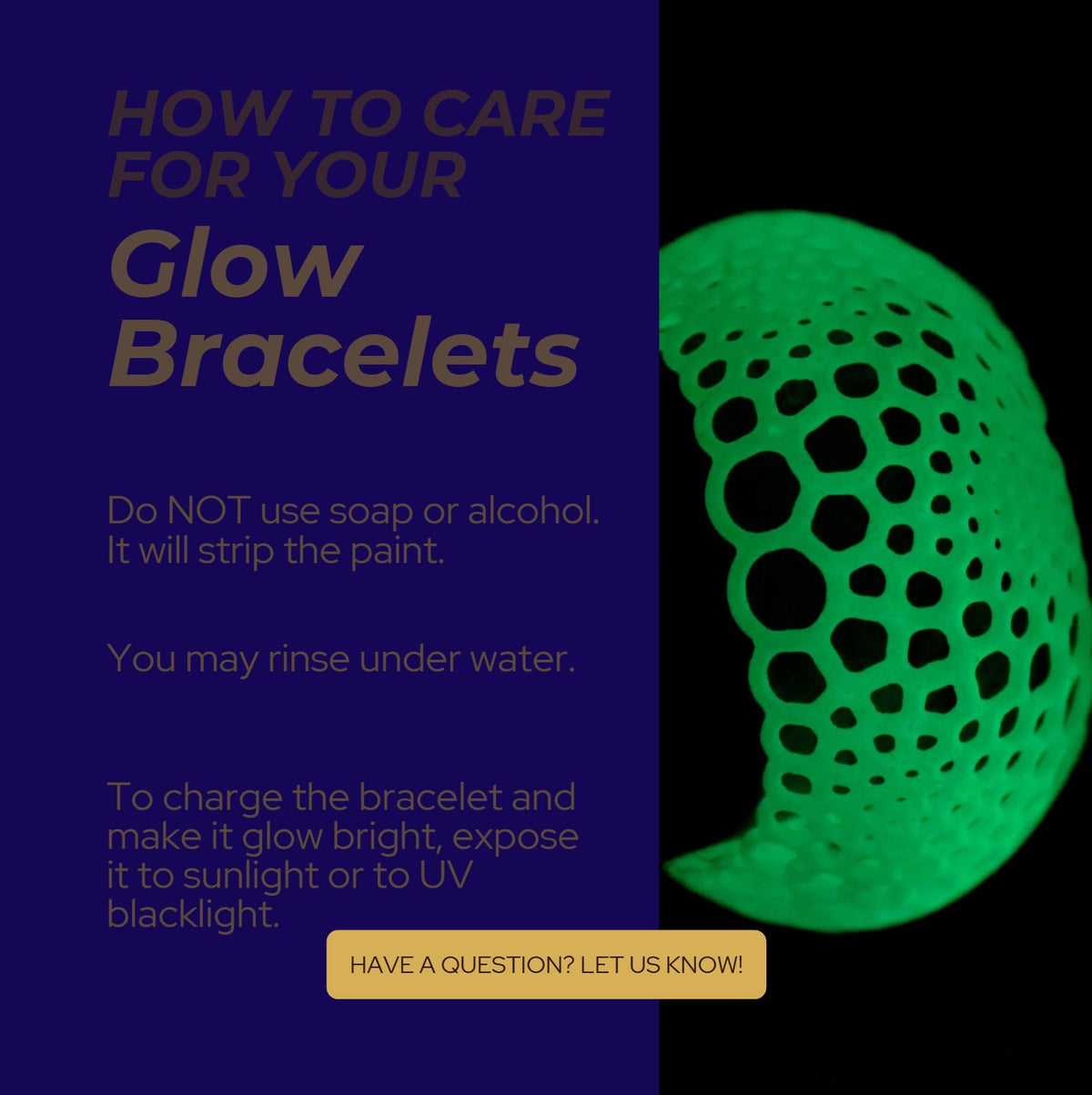 Care instructions for glow-in-the-dark bracelets on a blue background