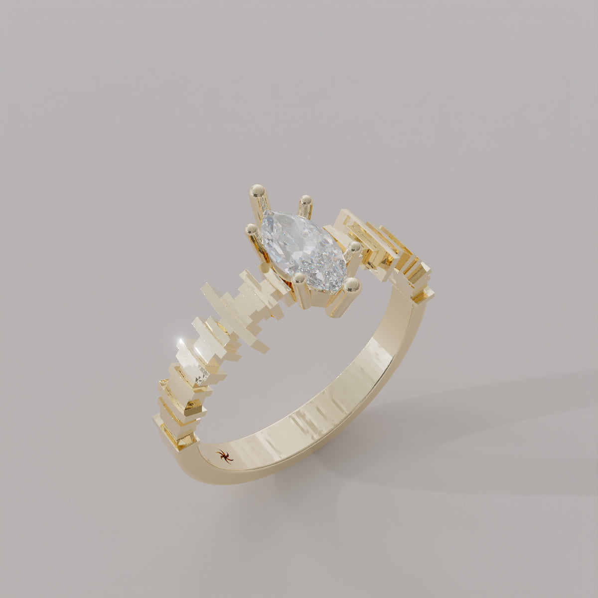 Harmonic Ring No. 2, a geometric marquise man-made diamond engagement ring, three-quarter view, by Baroque++