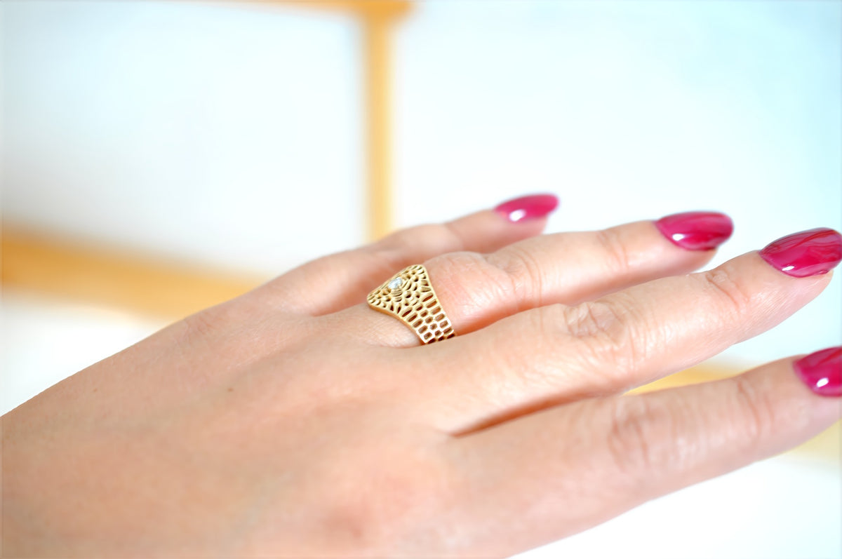 Honeycomb pattern Hive Ring, alternate view