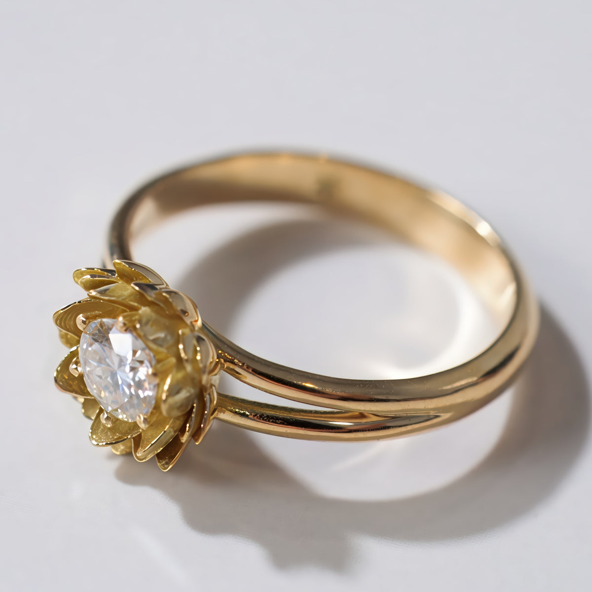 Gold lotus flower engagement ring, alternate view