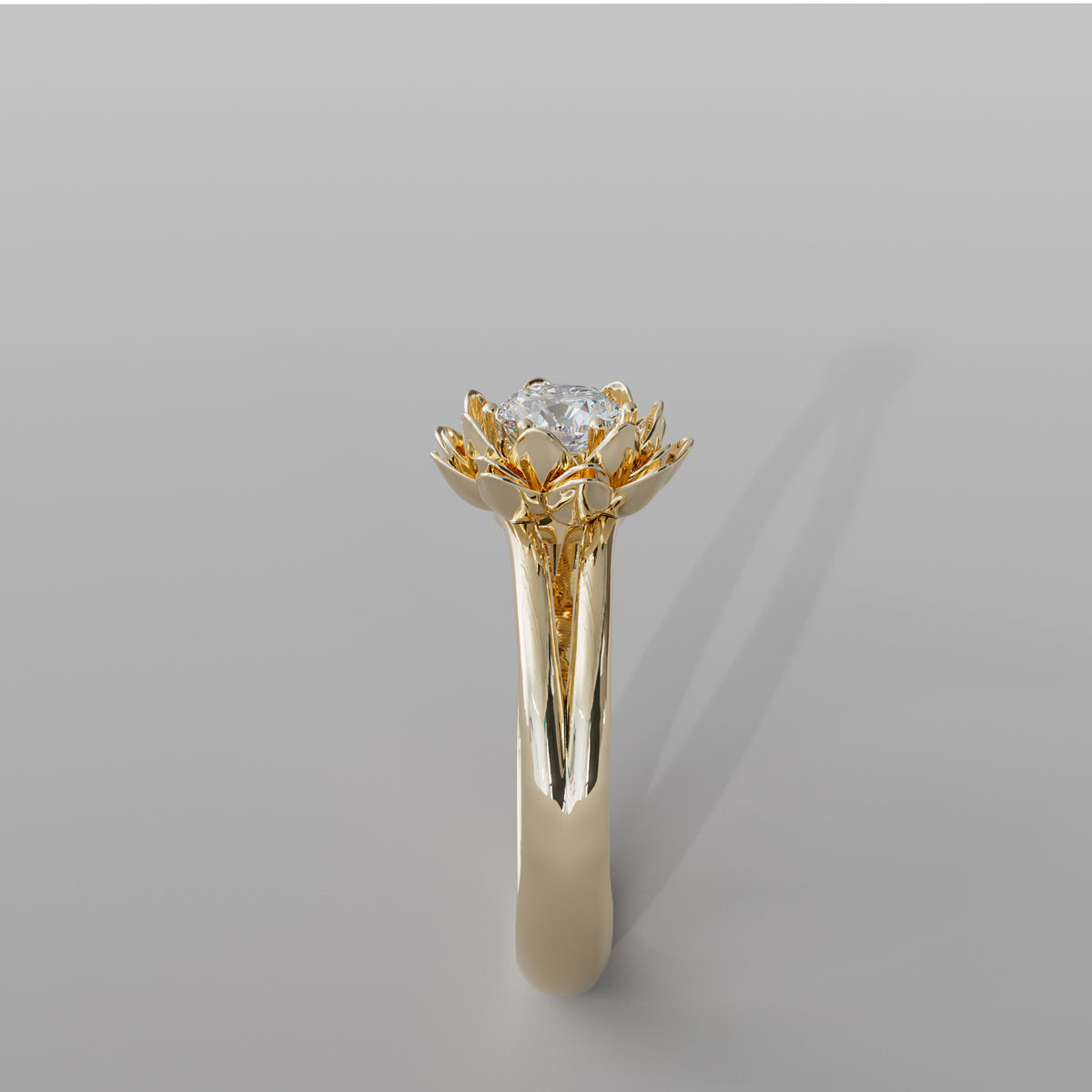 Lotus Engagement Ring in gold, side view showing the lotus flower setting