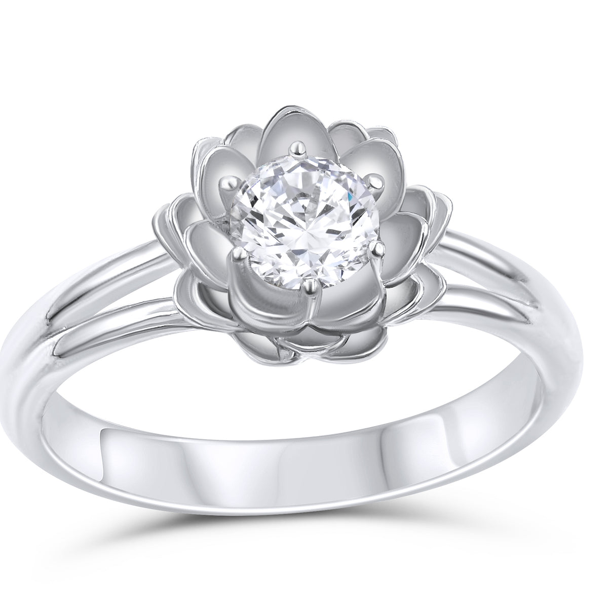 Lotus Engagement Ring in platinum, a lotus flower solitaire for a Buddhist wedding, by Baroque++