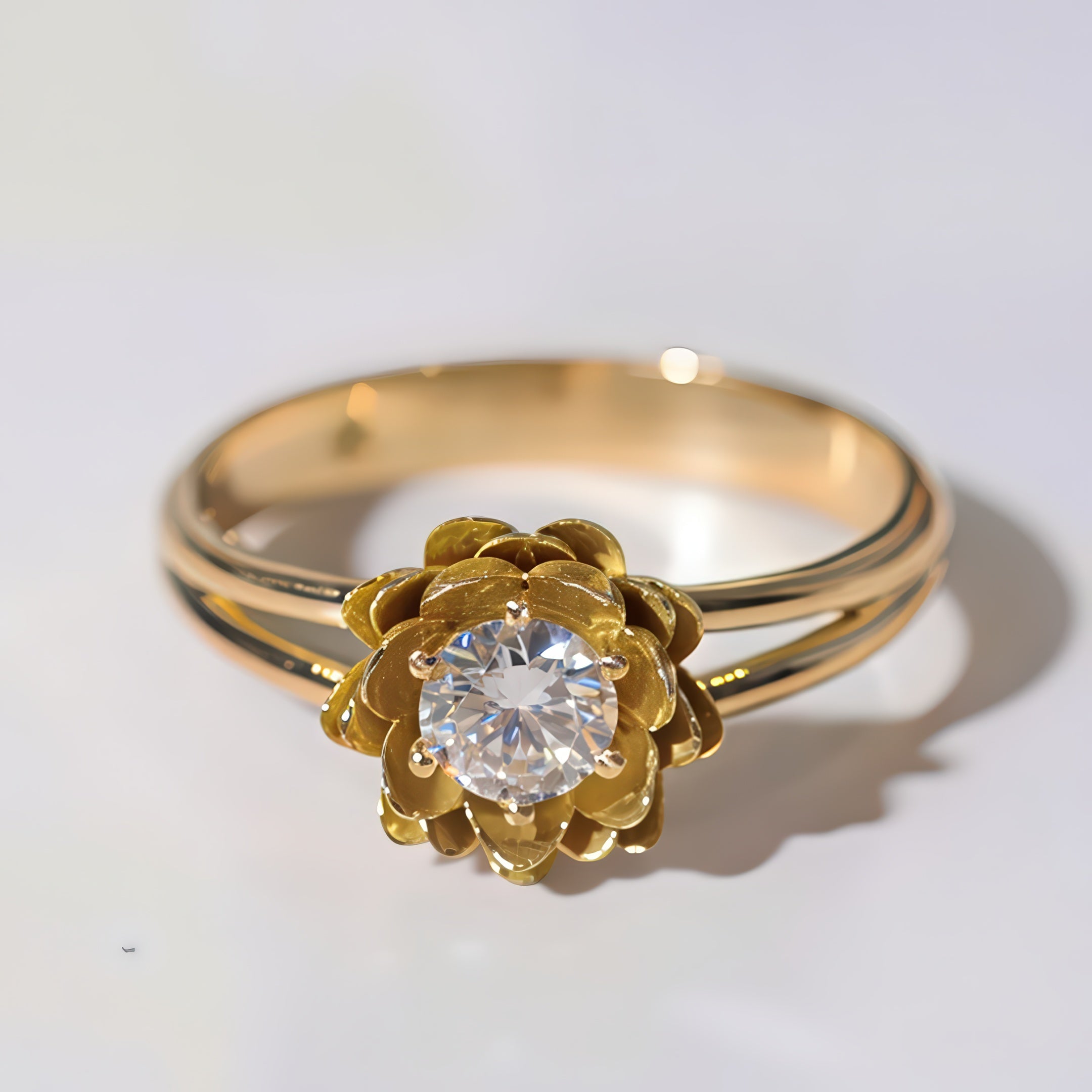 Gold ring with a diamond on a white background