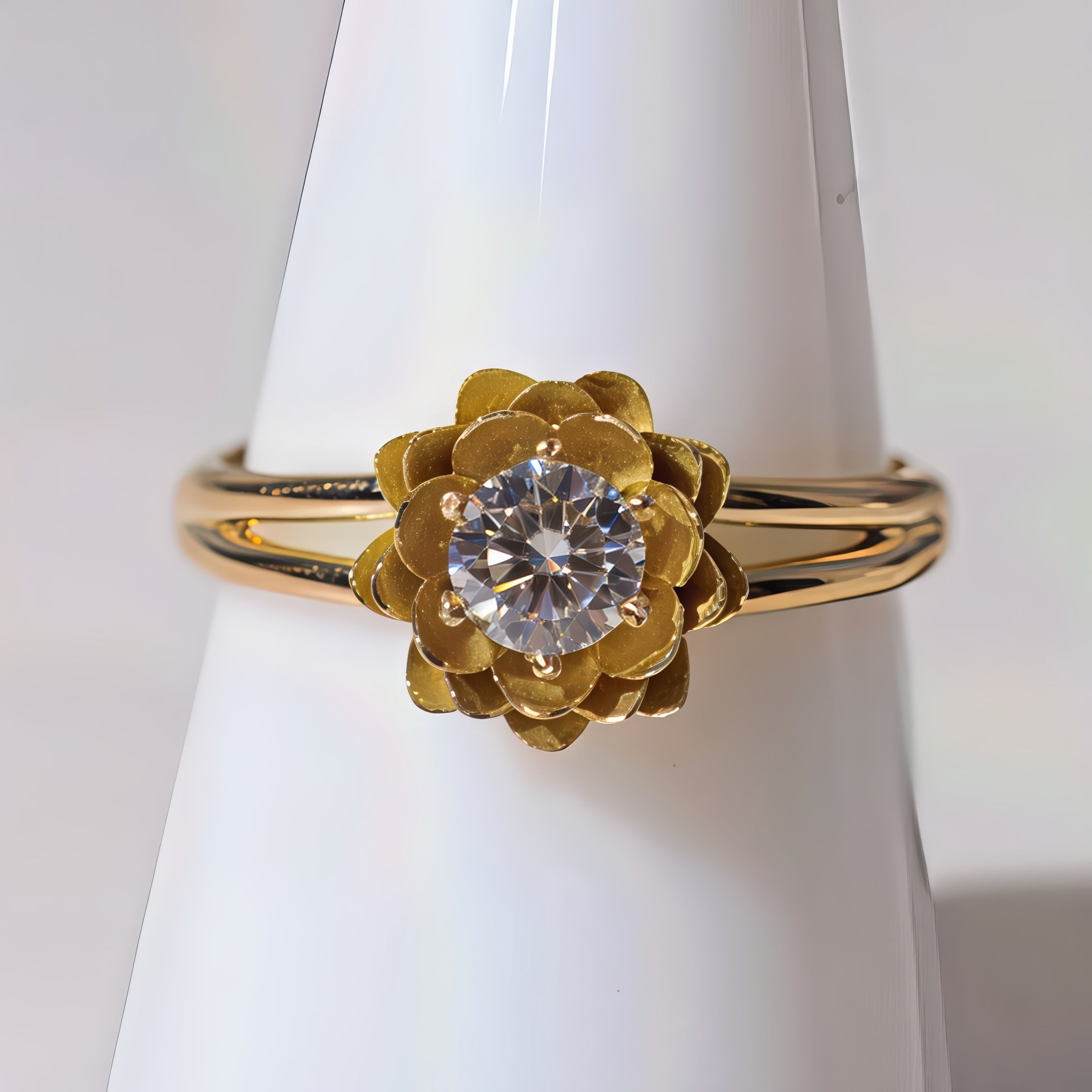 Gold ring with a diamond on a white stand
