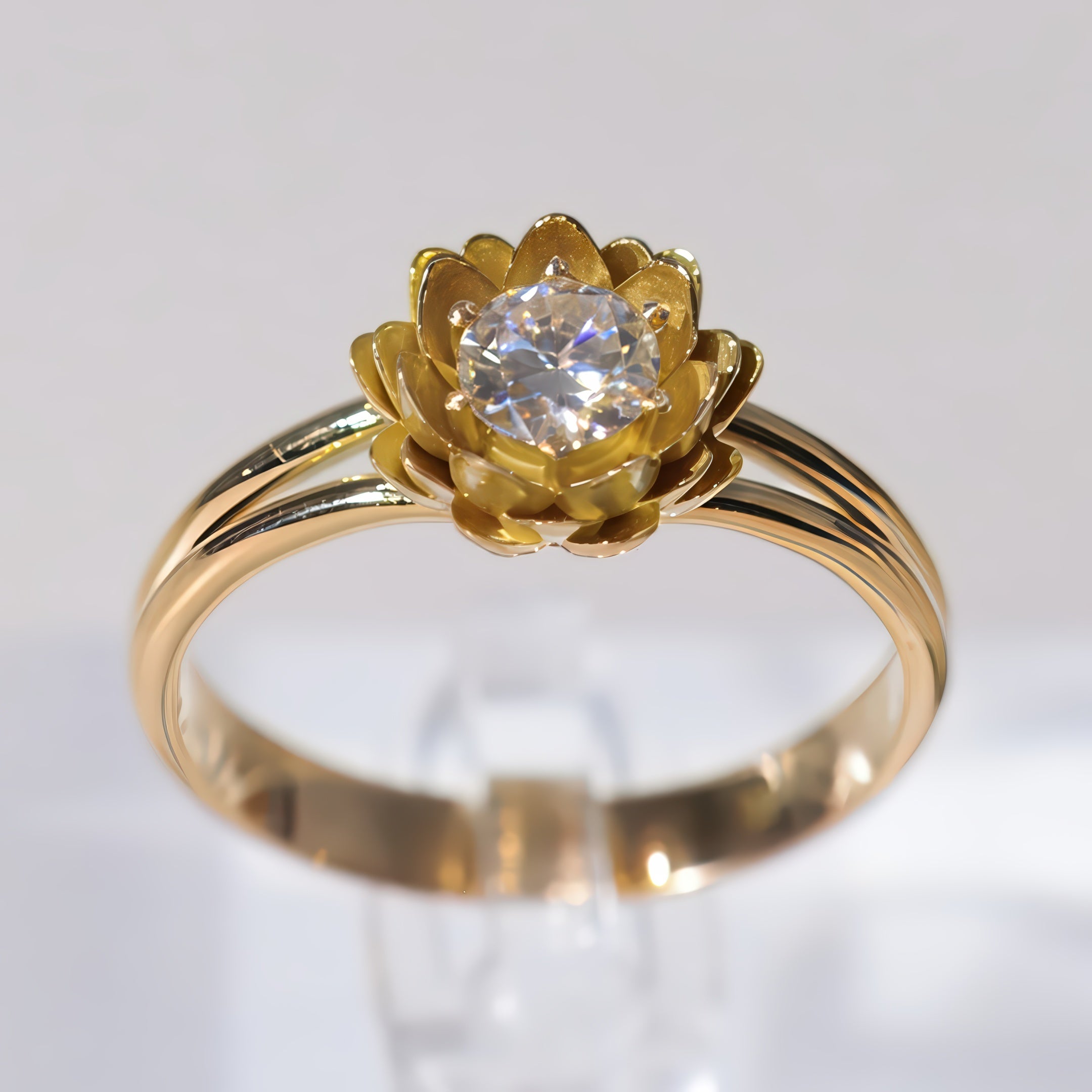 Gold ring with a diamond in the center on a light gray background