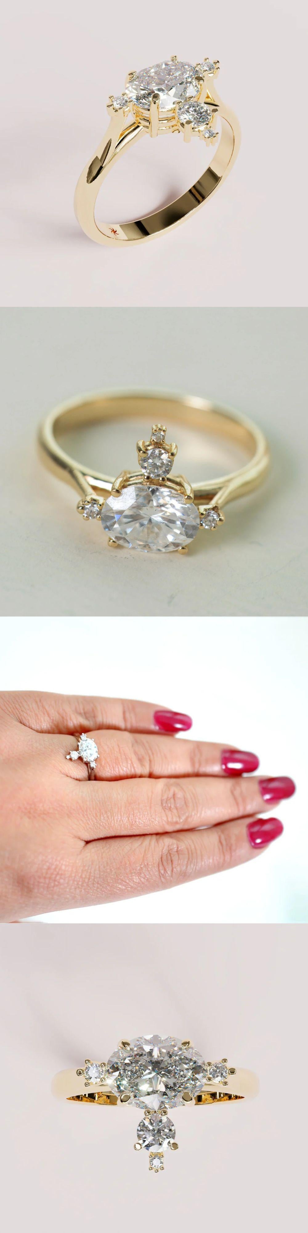 Collage of the Mandelbrot gold diamond engagement ring, including a view on the hand
