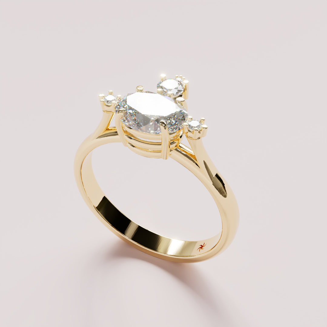 Mandelbrot fractal engagement ring in gold, oval diamond flanked by smaller diamonds