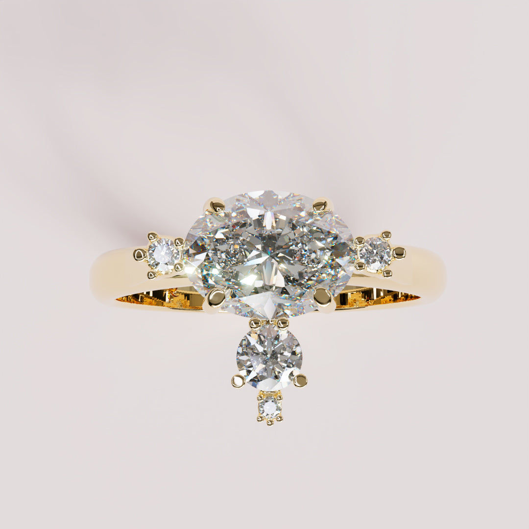 Mandelbrot Engagement Ring in gold, top view of the oval diamond and side stones