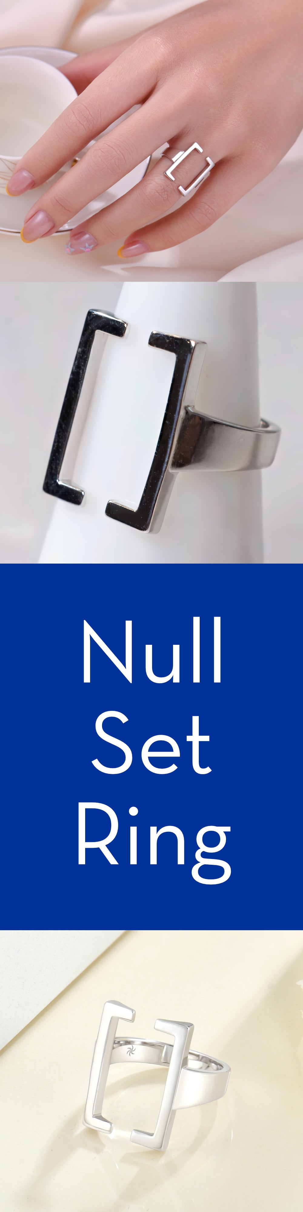 There are four squares top to bottom. Top square a hand wearing a square sterling silver open bracket ring. Second square a rectangular ring on a stand with a white background. Third square the text'Null Set Ring' on blue backgroun (the color of New College of Florida). Finally a silver square bracket ring on a cream background.