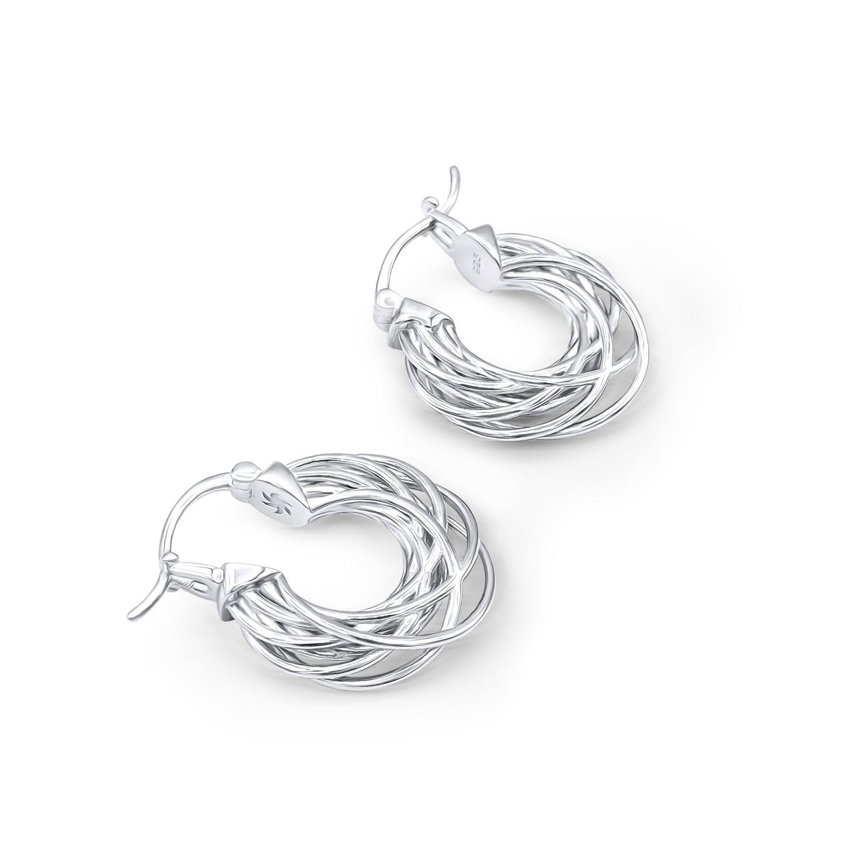 Silver Orbit hoop earrings, three-quarter view