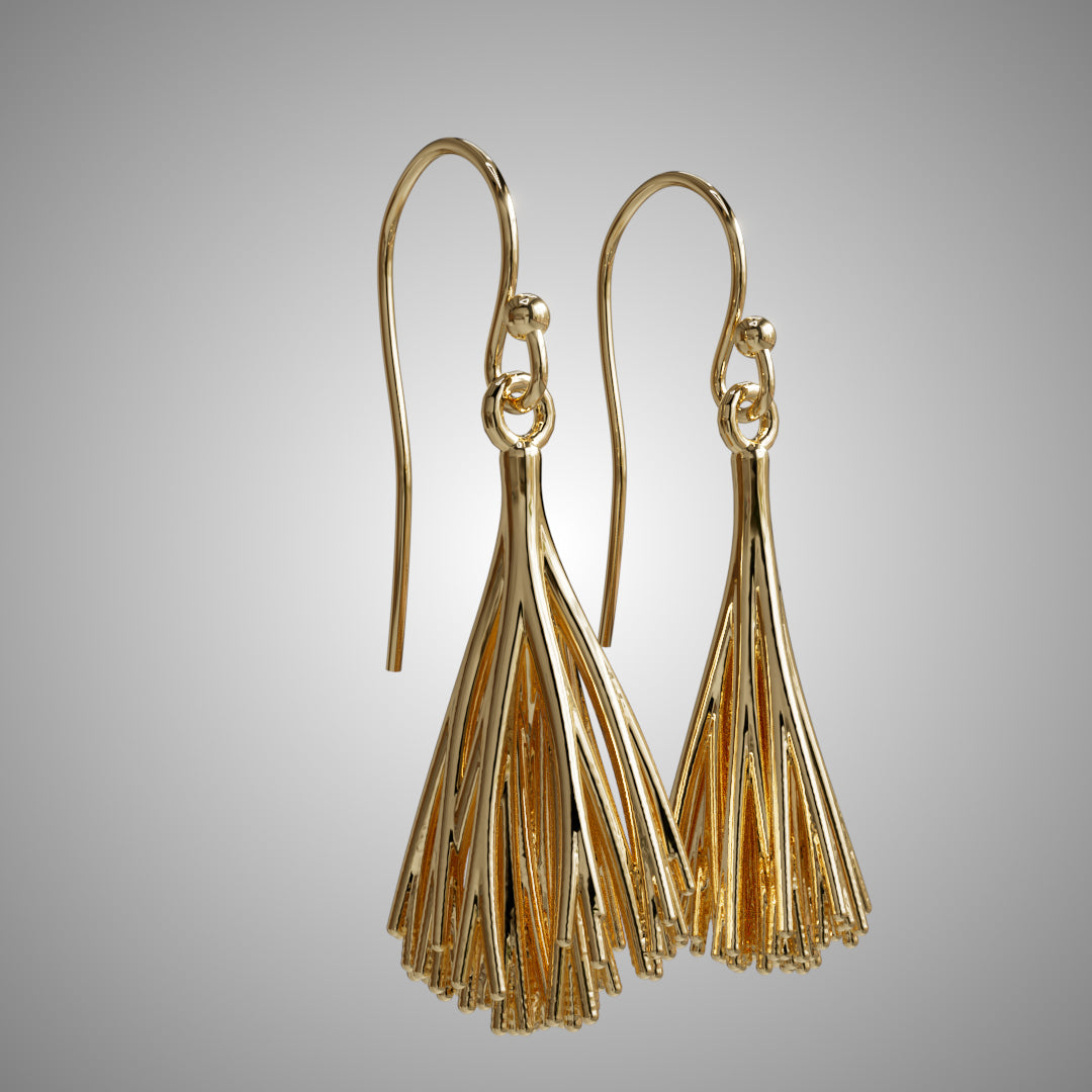 Palpae Tassel Earrings in 18k gold, botanical tassel dangle earrings, three-quarter view, by Baroque++