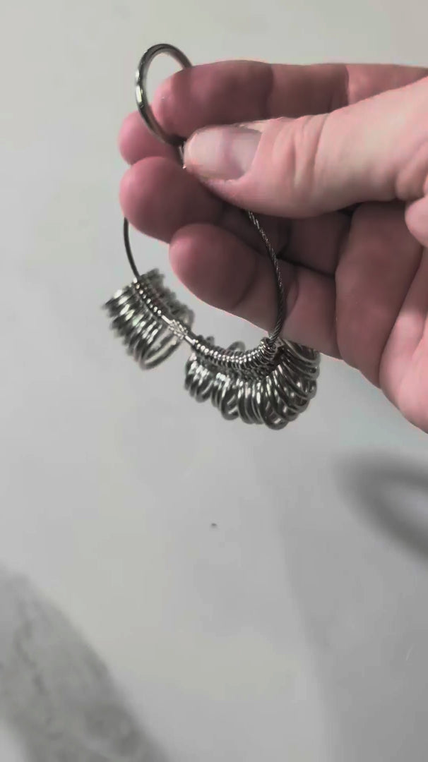 a man trying on a ring sizer around his finger