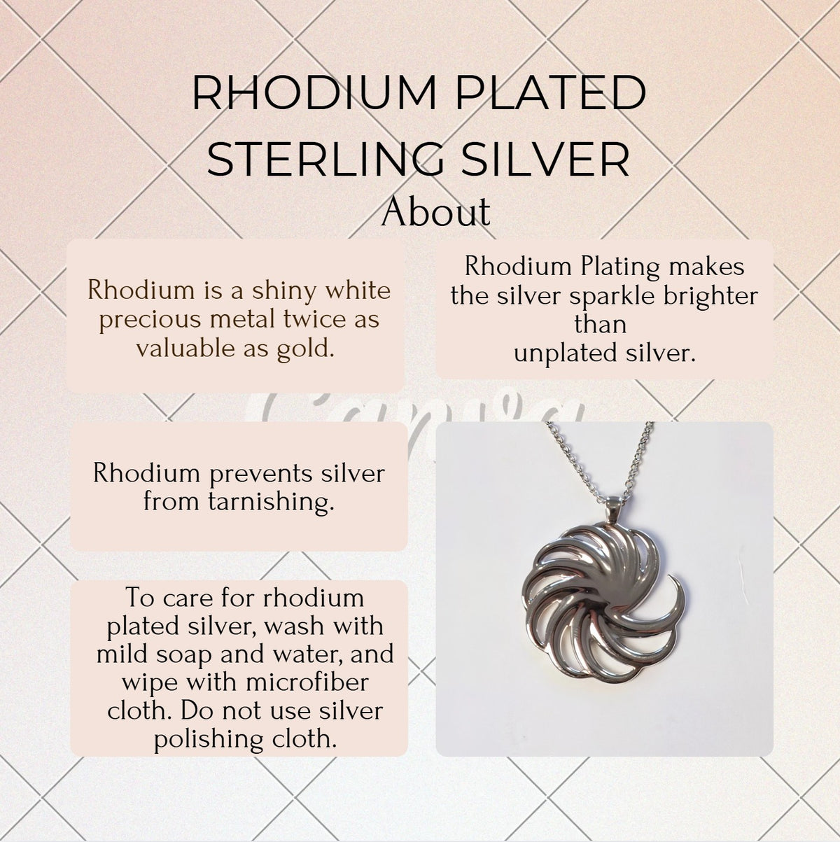 About rhodium-plated sterling silver, with a necklace on a light background