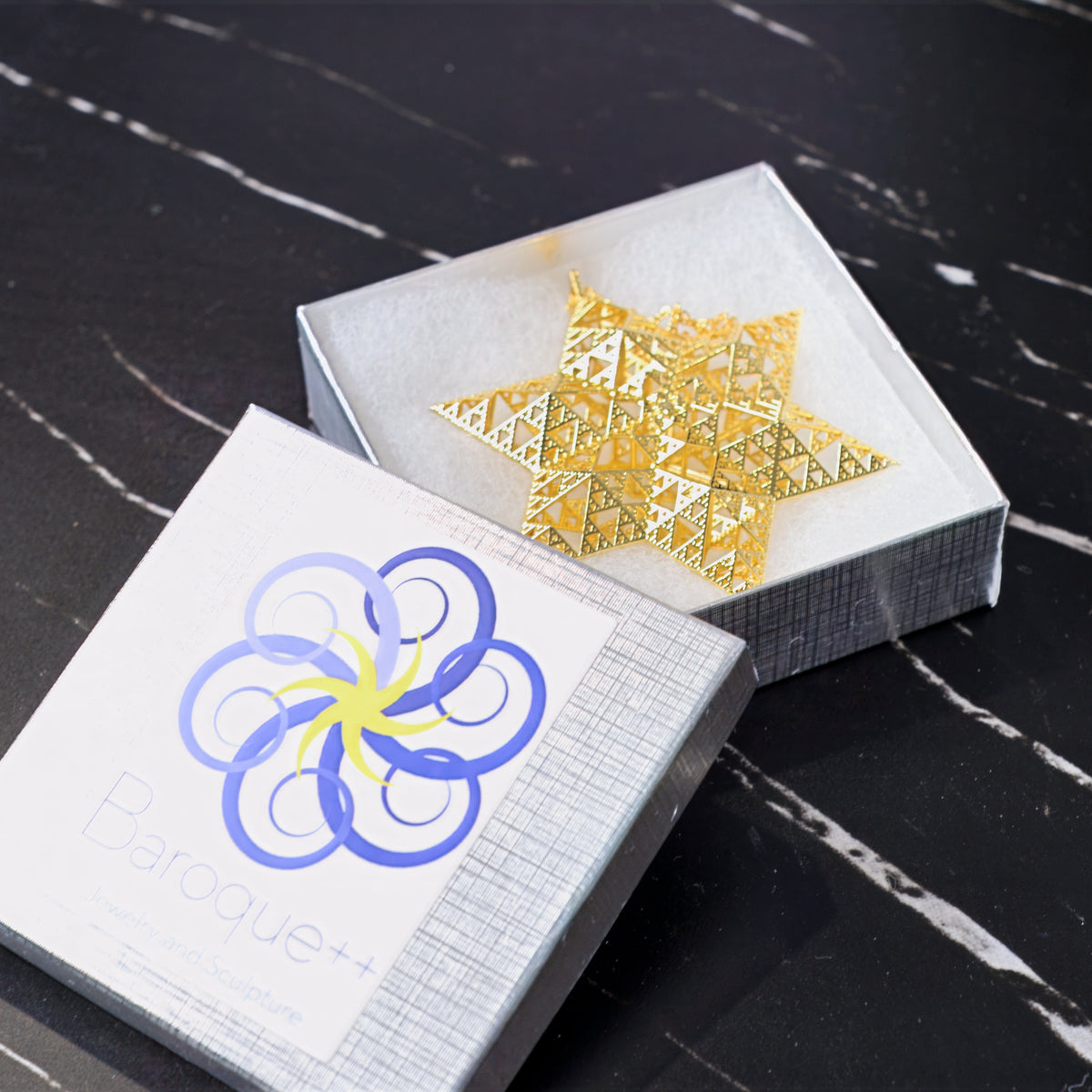Sierpinski Star of David in gold-plated brass, alternate angle