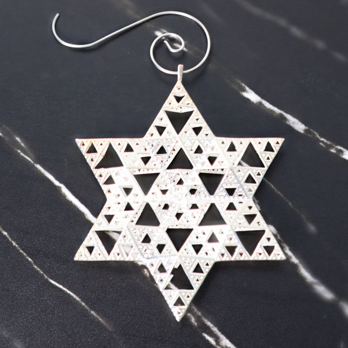 Silver Sierpinski Star of David ornament, alternate view