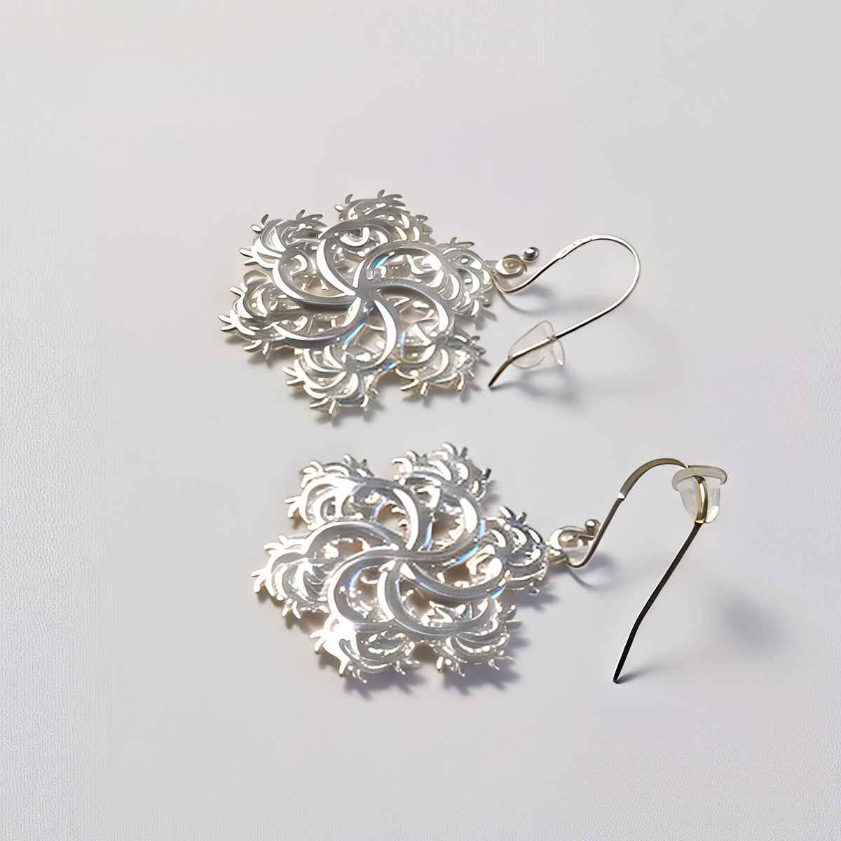 Six-Pointed Earrings, winter snowflake dangles, another view