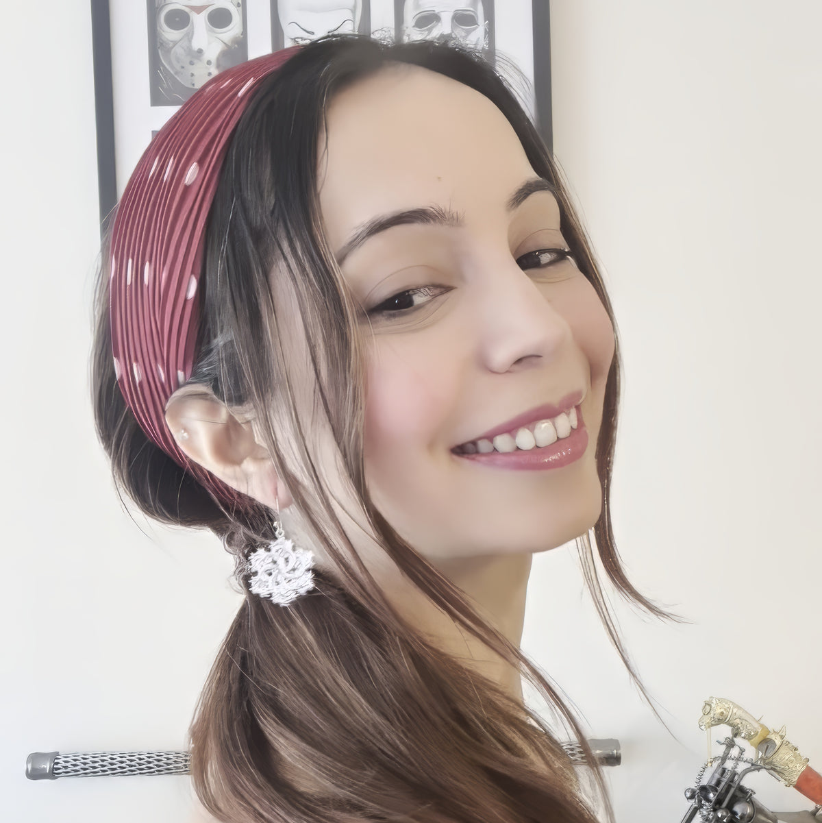 Six-Pointed earrings on a model, another view