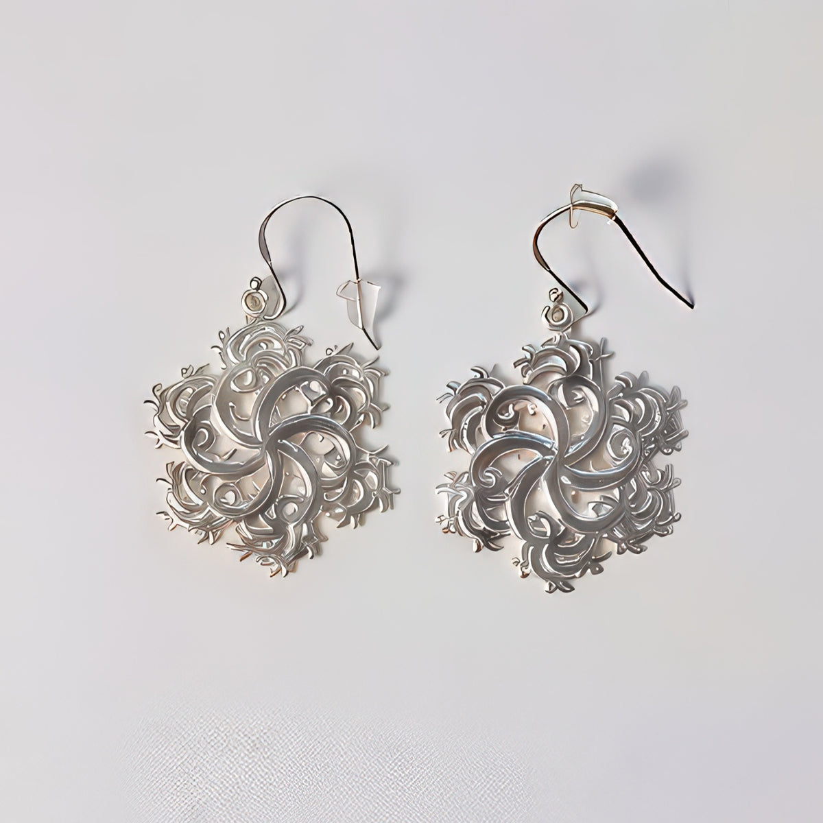 Six-Pointed Earrings, fractal snowflake star dangle earrings, by Baroque++