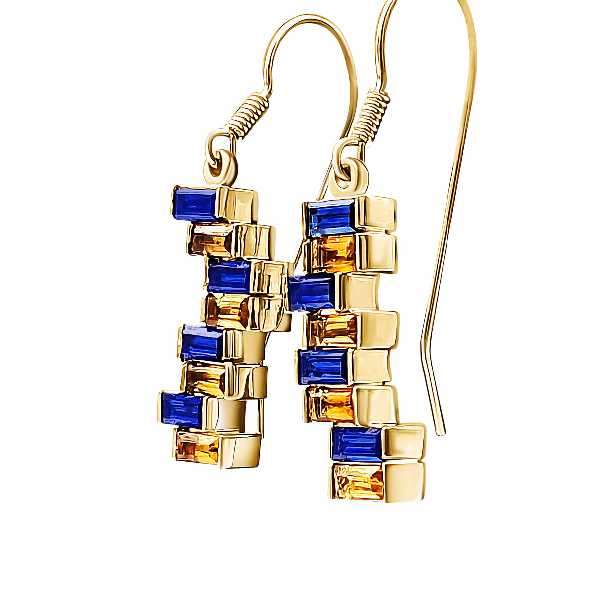 Slava Ukraini Earrings with blue sapphire and yellow citrine baguettes, by Baroque++