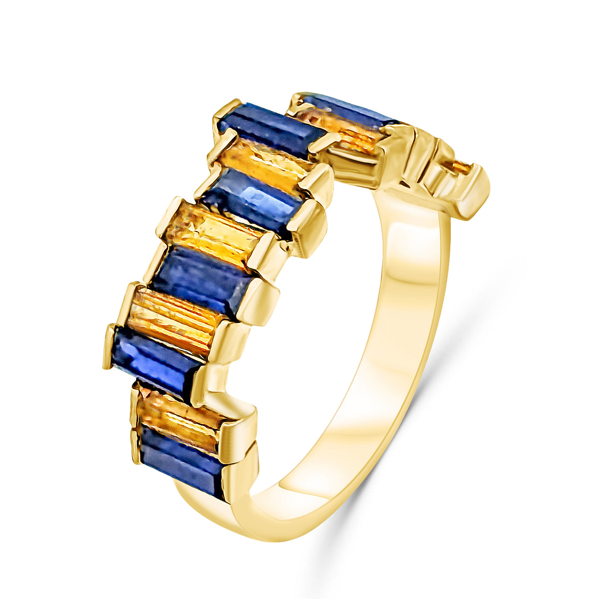Slava Ukraini Ring with blue sapphire and yellow citrine baguettes in the colors of the Ukrainian flag, by Baroque++
