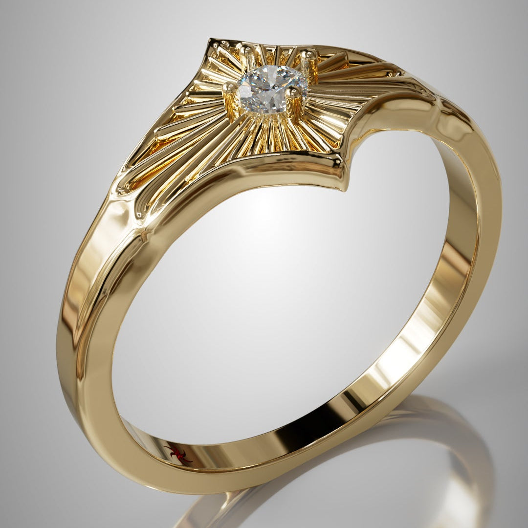Starburst Diamond Ring in gold, an art deco sunburst engagement ring, three-quarter view, by Baroque++