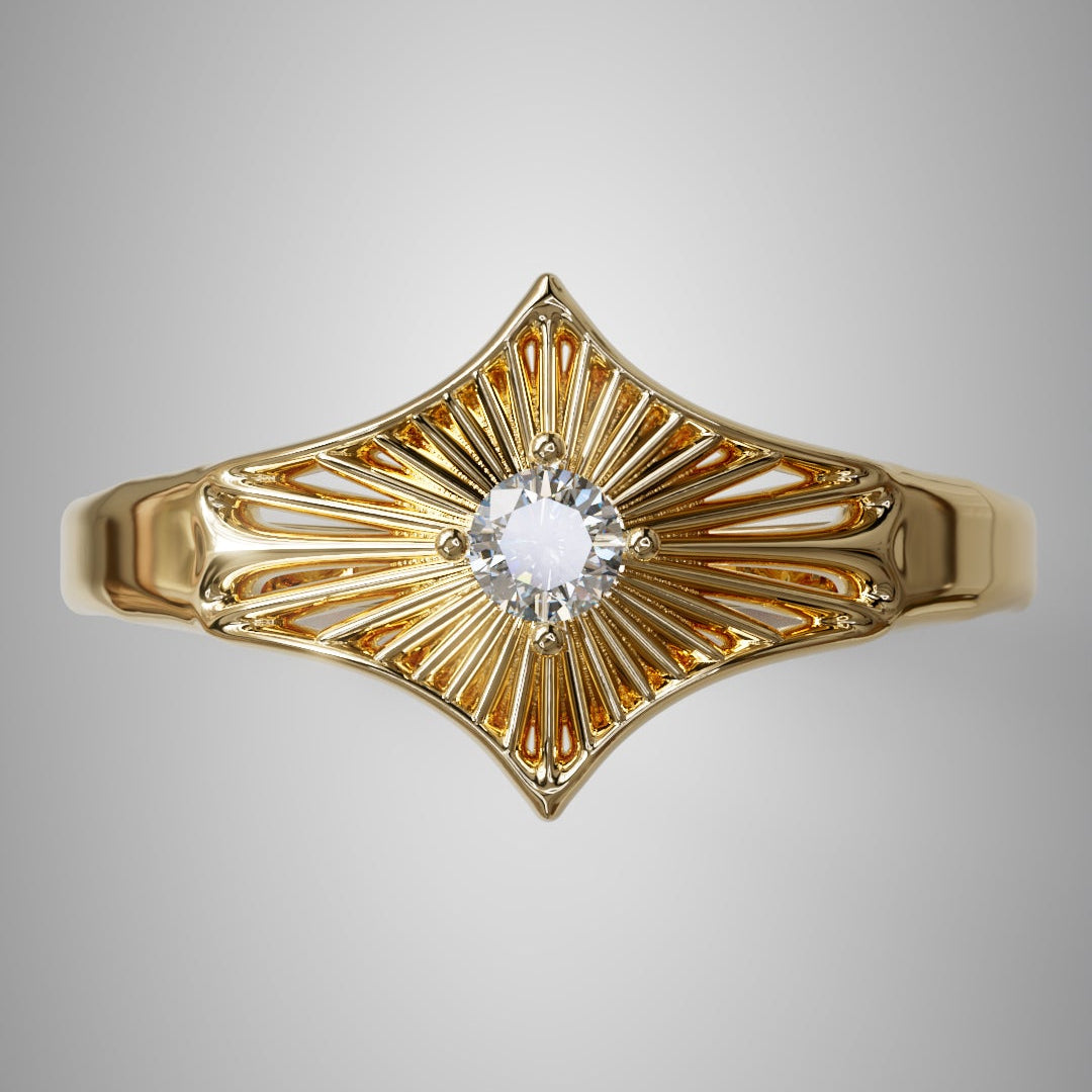 Gold ring with a diamond on a gray background