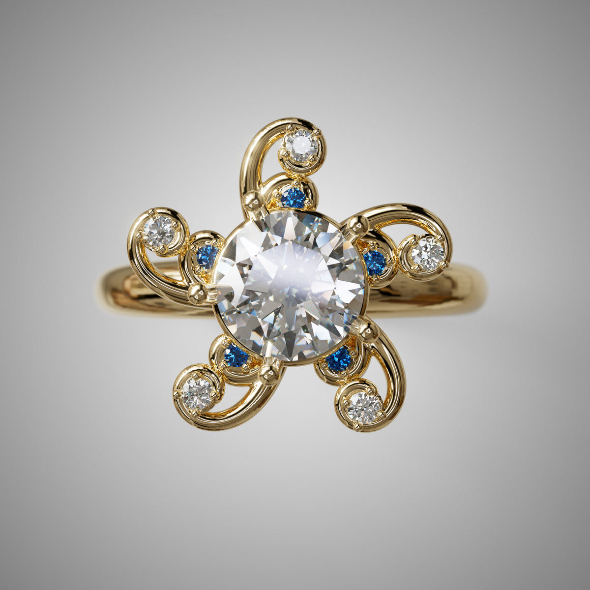 Viisi Diamond & Sapphire Ring in gold, an asymmetric five-stone cluster ring, top view, by Baroque++