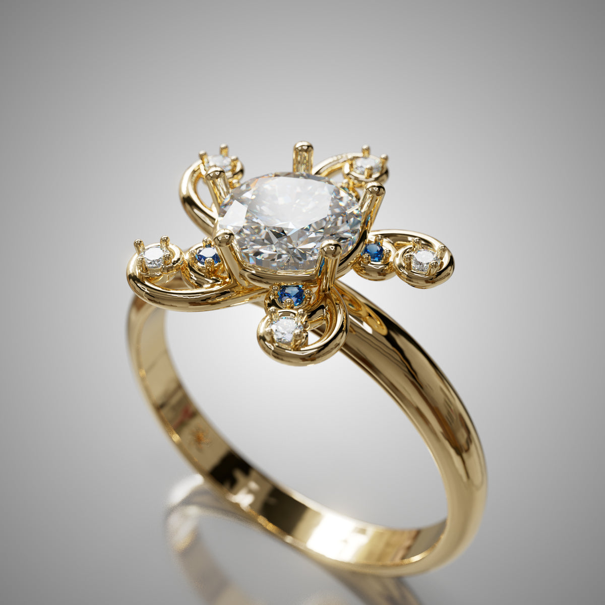 Viisi asymmetric diamond and sapphire ring, three-quarter view